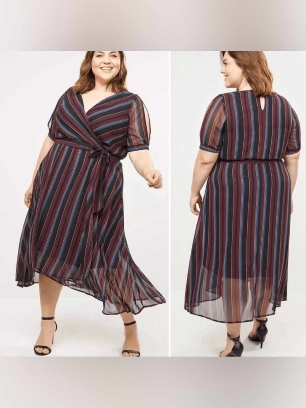 LANE BRYANT DRESS SIZE 26P. FAUX WRAP MIDI STRIPED DRESS. GAUZY, FLOWY, LINED,
